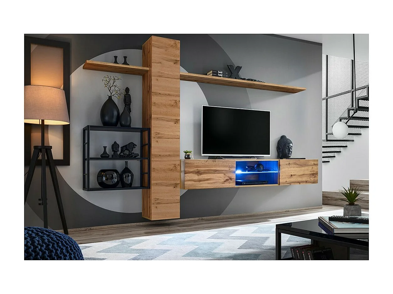 Ensemble meubles de salon style industriel SWITCH M5. Coloris chêne.