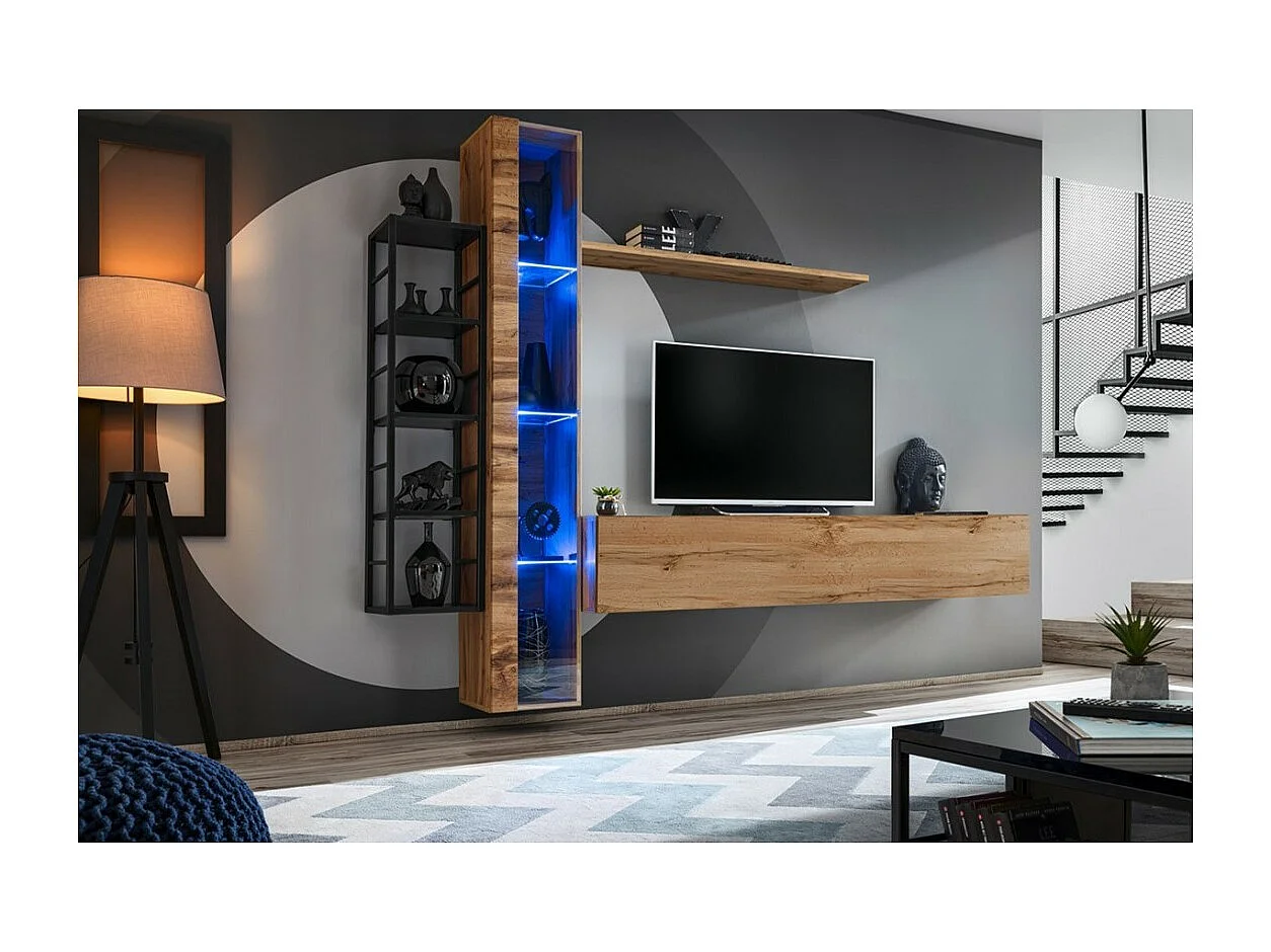 Ensemble meubles de salon style industriel SWITCH M7. Coloris chêne.