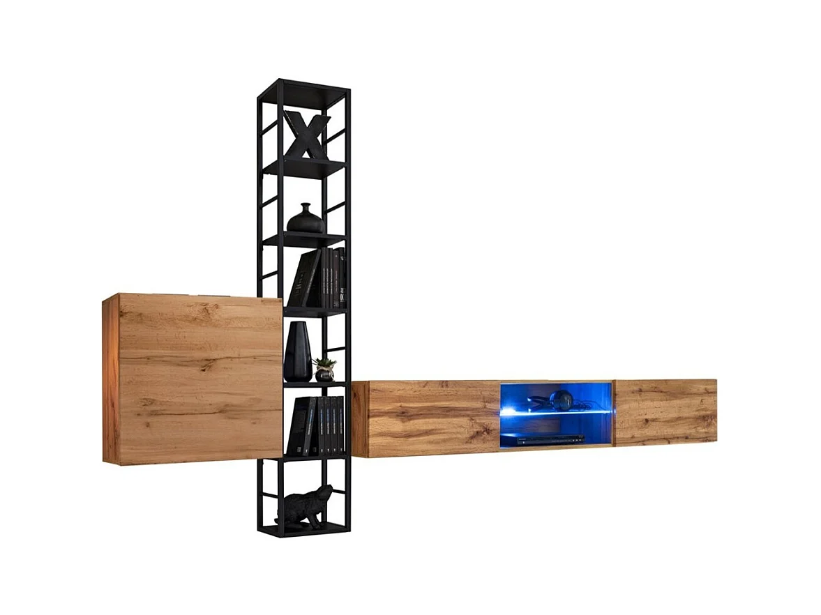 Ensemble meubles de salon style industriel SWITCH M6. Coloris chêne.