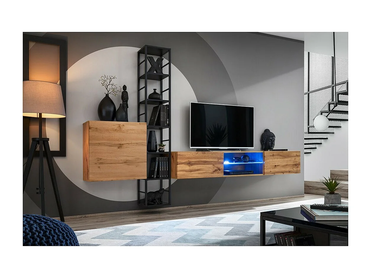 Ensemble meubles de salon style industriel SWITCH M6. Coloris chêne.