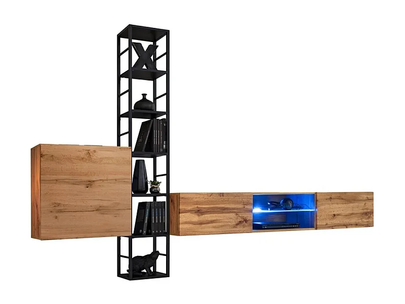 Ensemble meubles de salon style industriel SWITCH M6. Coloris chêne.