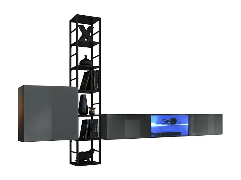 Industrielles Wohnzimmermöbel-Set SWITCH M6 – Grau – LED-Beleuchtung & Push-to-Open-System