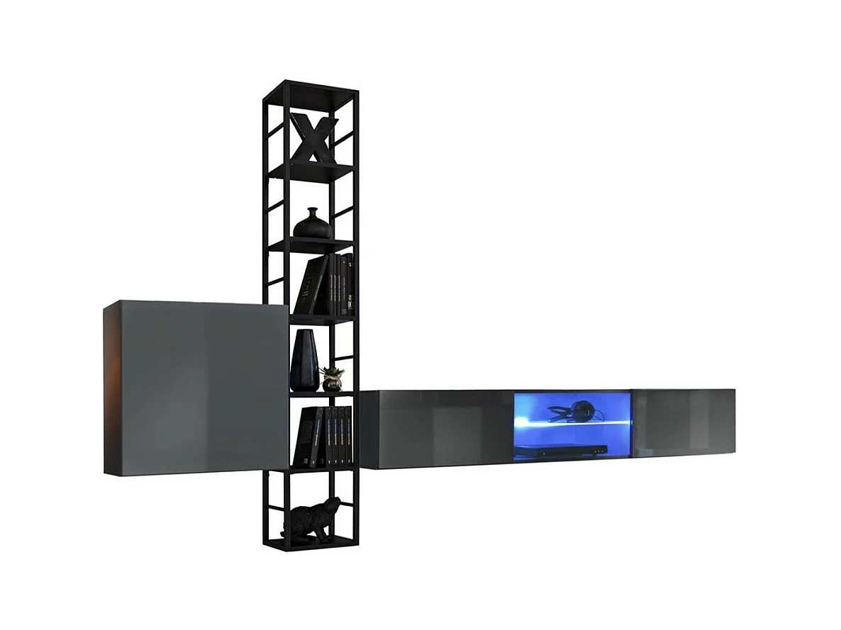 Ensemble meubles de salon industriel SWITCH M6 – Gris – Éclairage LED & système Push to Open