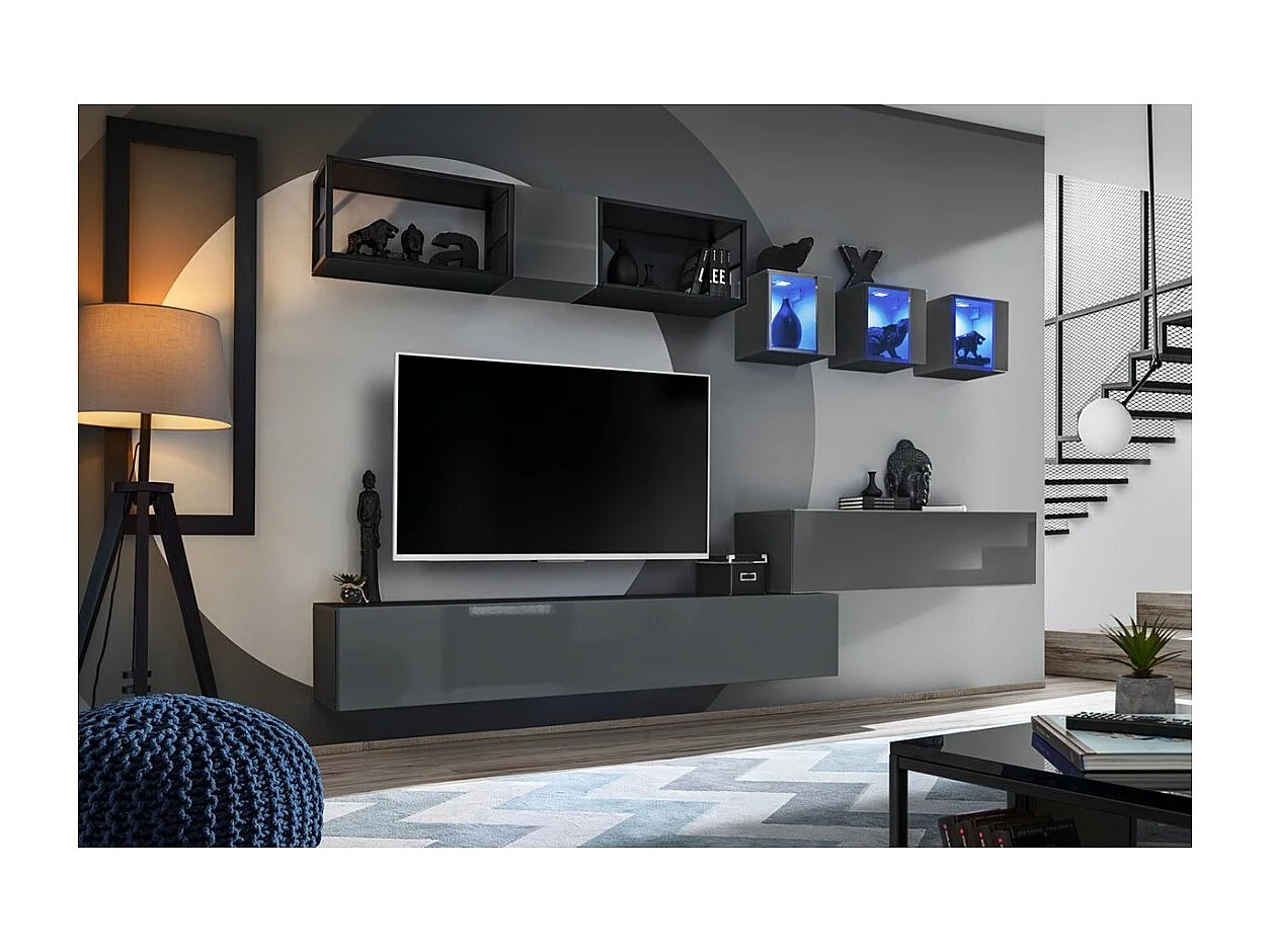 Ensemble meubles de salon industriel SWITCH M3 – Gris – LED intégrées & système Push to Open