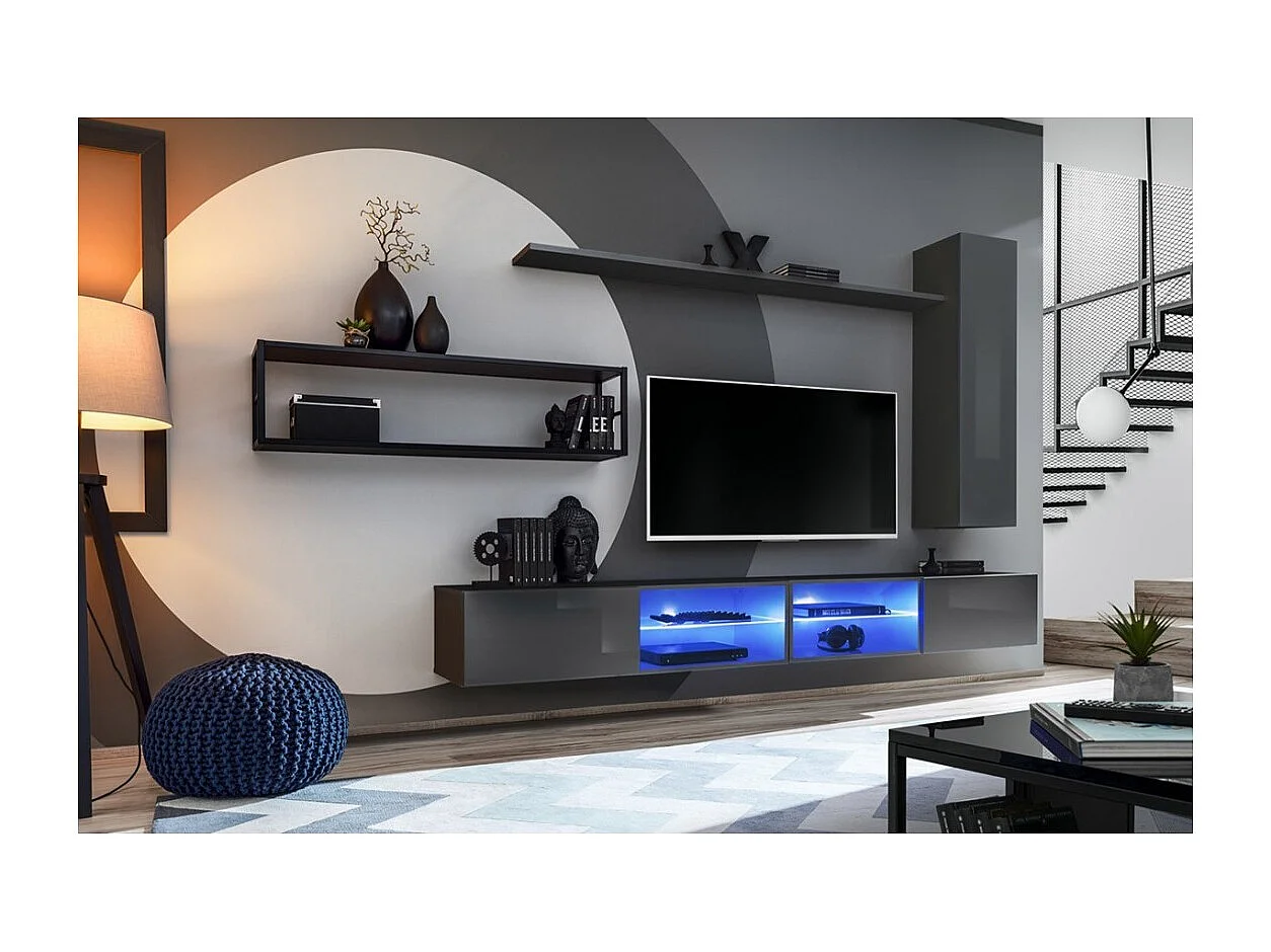 Industrielle Wohnzimmermöbel-Set SWITCH M4 – Grau – integrierte LED & Push-to-Open-System