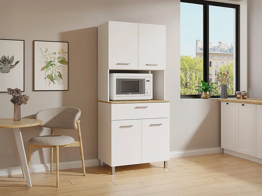 Buffet de cuisine avec 4 portes, 1 tiroir et 1 niche - Blanc et naturel clair - JACOBAYA