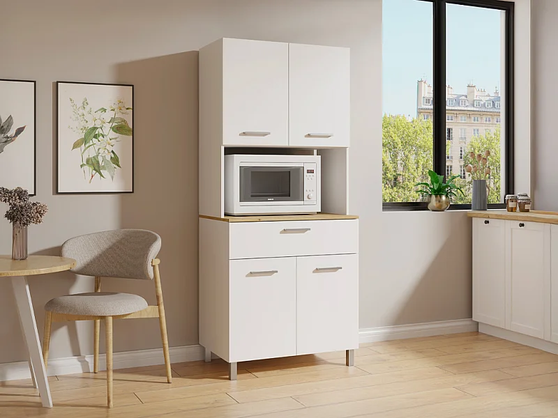 Buffet de cuisine avec 4 portes, 1 tiroir et 1 niche - Blanc et naturel clair - JACOBAYA