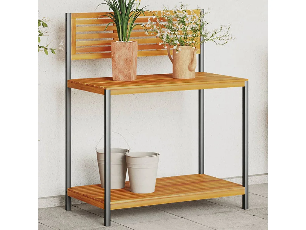 Mesa de trabalho para jardim em madeira maciça de acácia e aço
