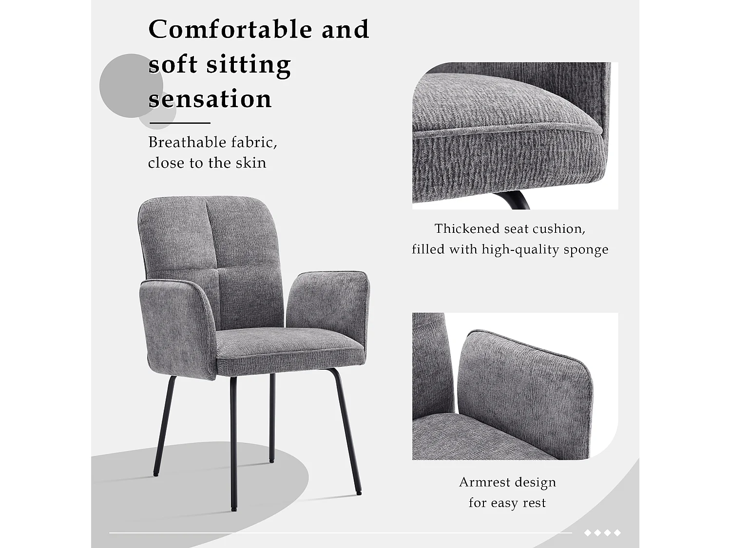 Cadeira de jantar de veludo com almofada larga, encosto extra largo, pernas de metal preto e cinza, 47 x 49 x 84,5 cm, conjunto de 2