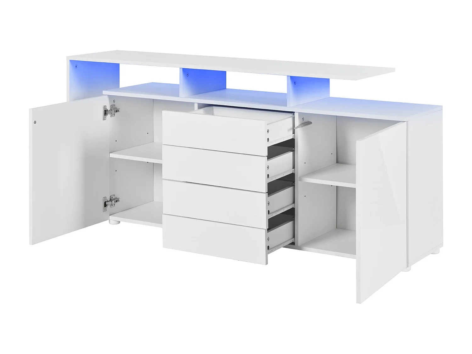 Mueble de salón con LED, cómoda lacada en blanco, TV y almacenaje, blanco brillo