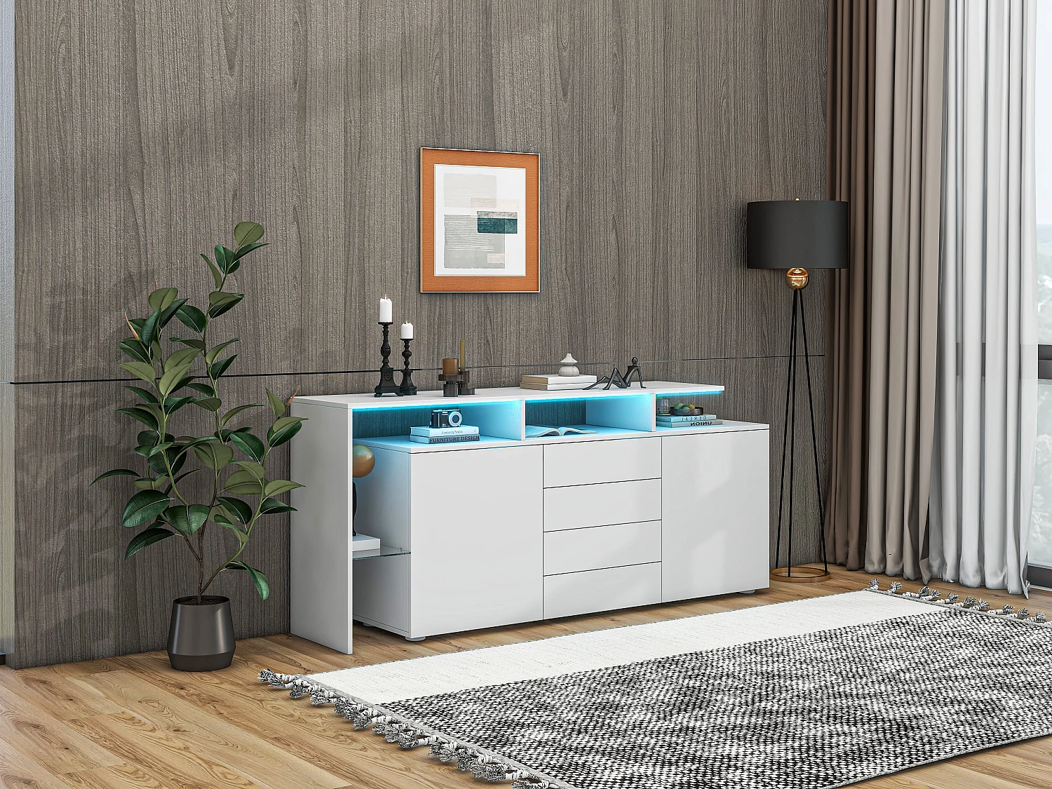 Mueble de salón con LED, cómoda lacada en blanco, TV y almacenaje, blanco brillo