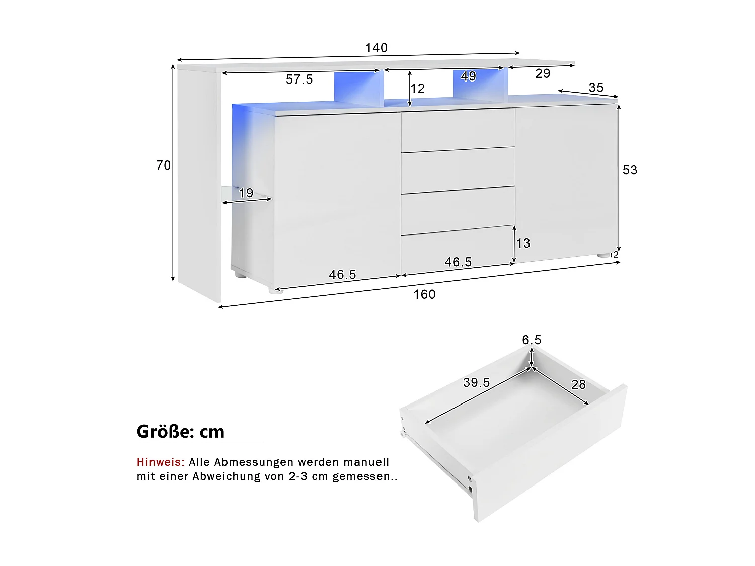 Mueble de salón con LED, cómoda lacada en blanco, TV y almacenaje, blanco brillo