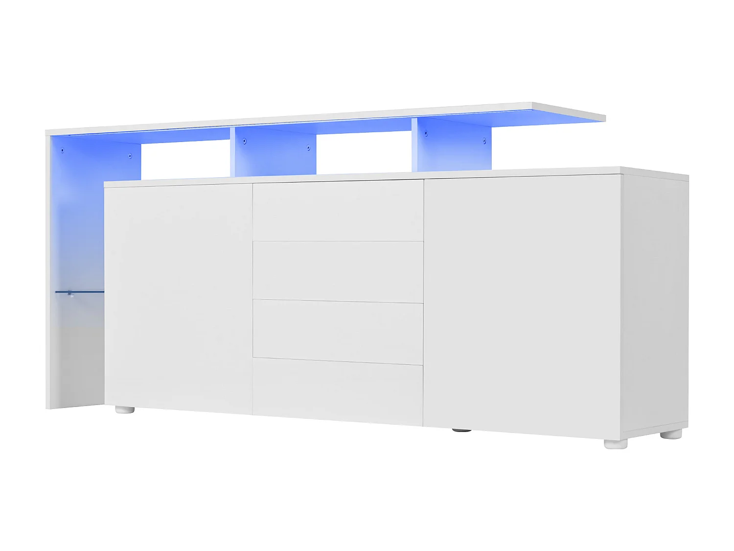 Mueble de salón con LED, cómoda lacada en blanco, TV y almacenaje, blanco brillo