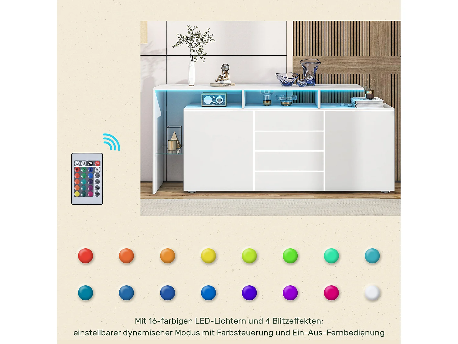 Mueble de salón con LED, cómoda lacada en blanco, TV y almacenaje, blanco brillo