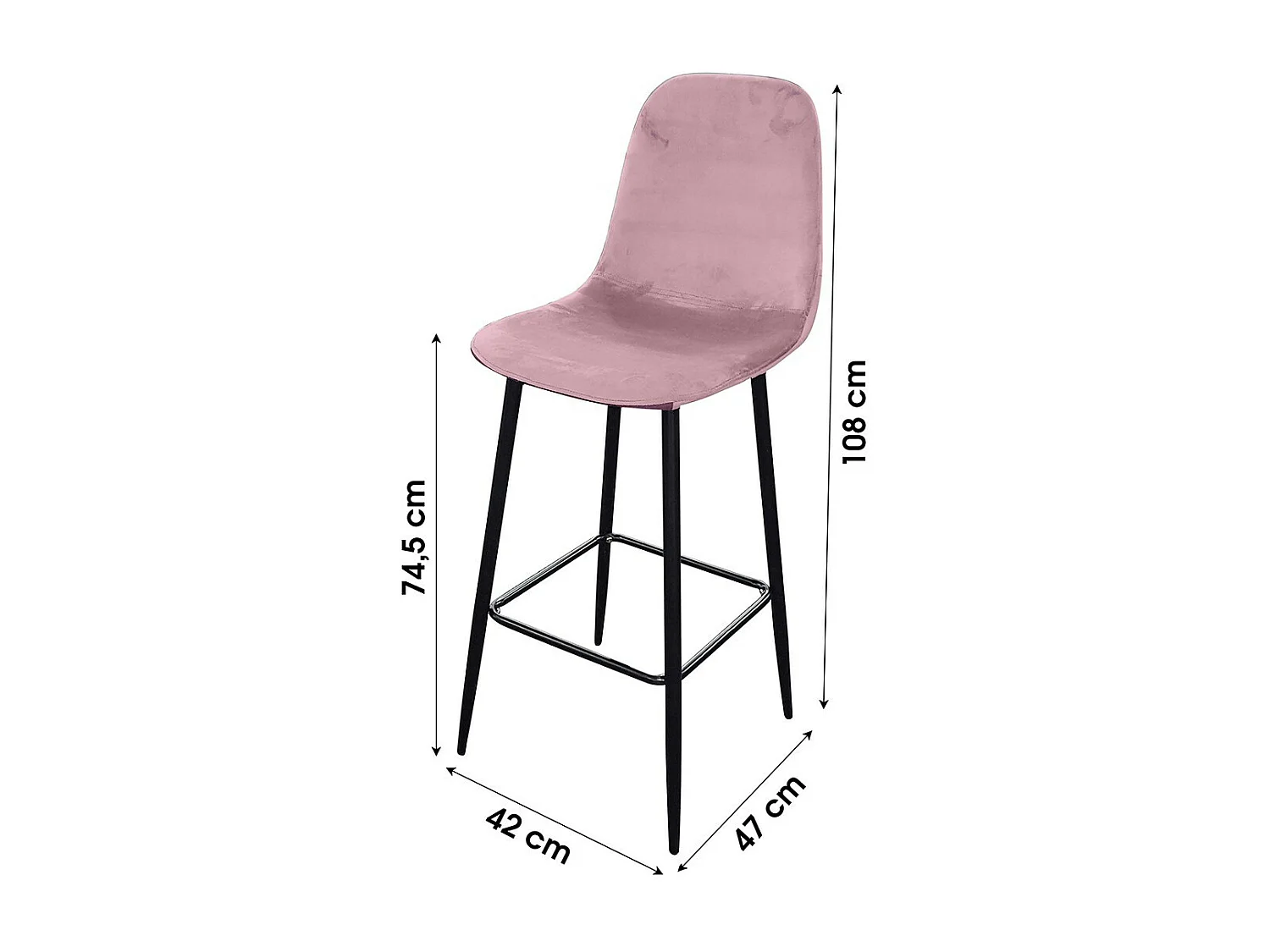 Lot de 4 tabourets LOLY, assise et dossier en velours rose, structure en métal noir