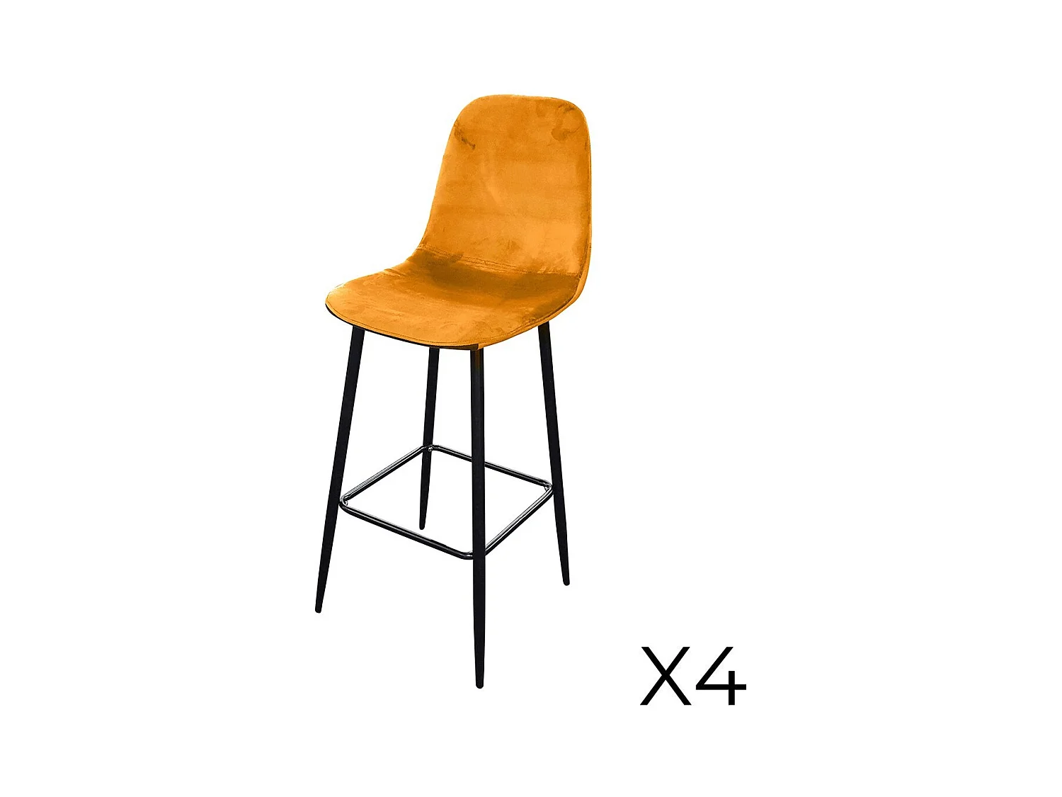 Lot de 4 tabourets LOLY, assise et dossier en velours jaune, structure en métal noir