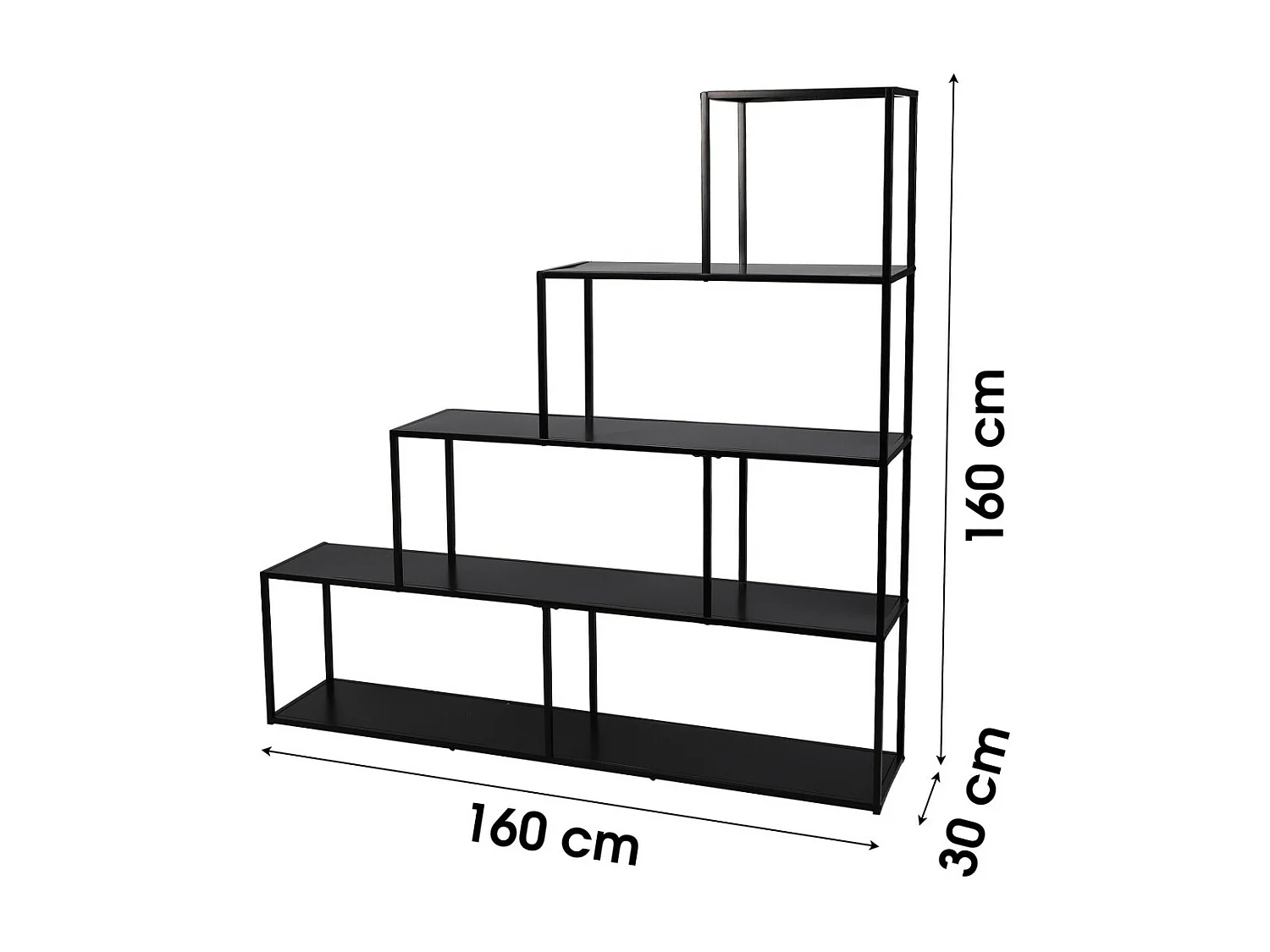 Bücherregal in Treppenform mit 4 Ebenen aus der SOHO-Kollektion – Maße 160x30x160 cm, Farbe Schwarz