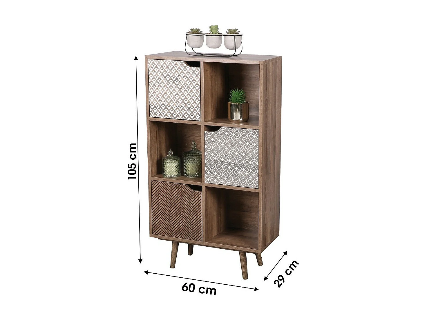 Piccola libreria da ufficio con 6 scomparti e 3 porte decorate - Dimensioni 60x29x105 cm