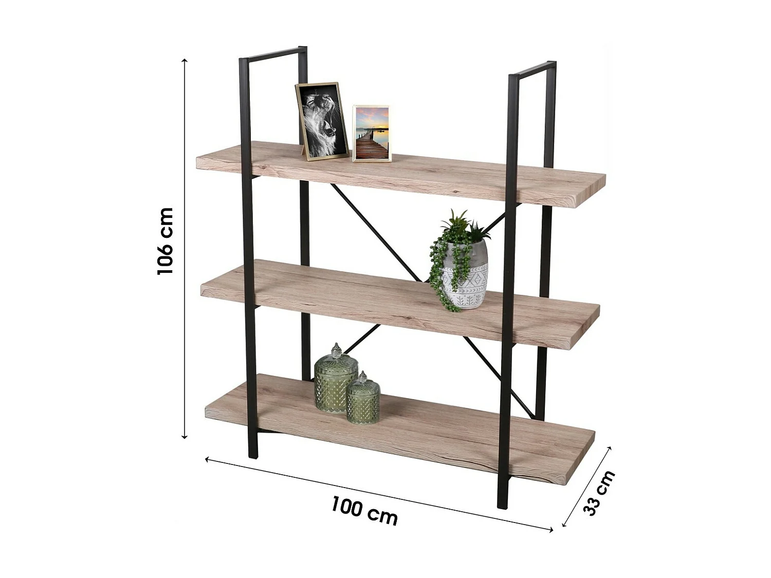 Kleine open boekenkast met 3 houten planken uit de DARYL collectie - Afmetingen 100x33x106 cm