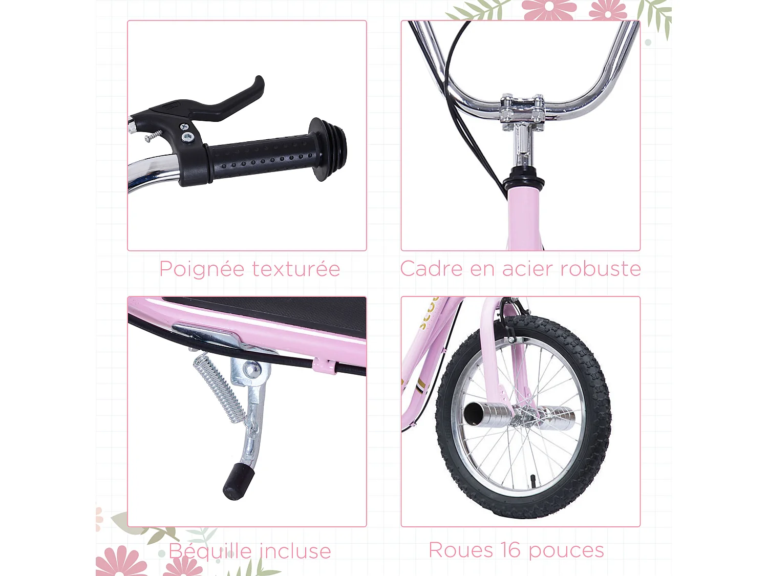 Trottinette patinette freestyle grandes roues pneumatiques Ø 41 cm avec pegs rose