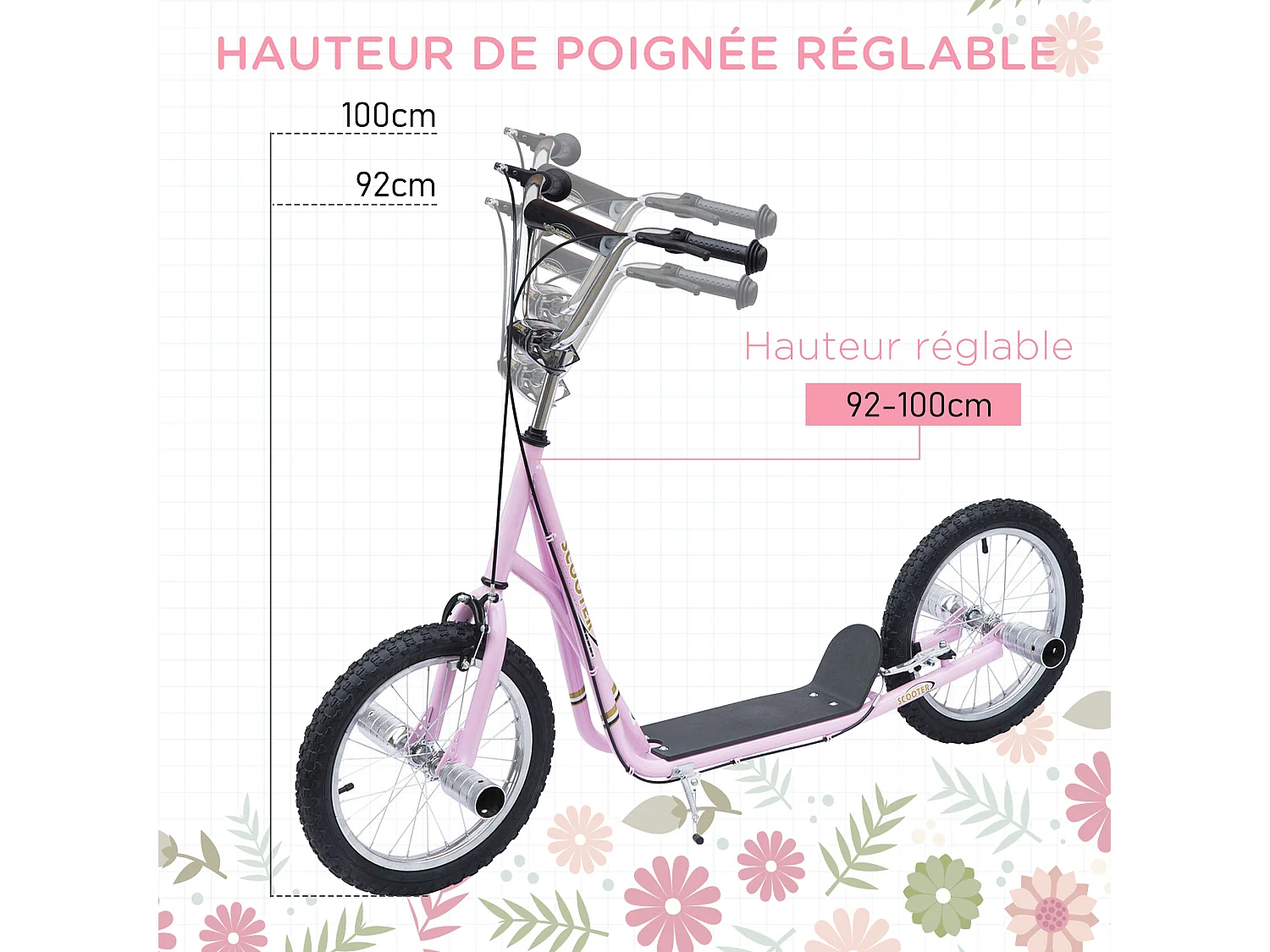 Trottinette patinette freestyle grandes roues pneumatiques Ø 41 cm avec pegs rose
