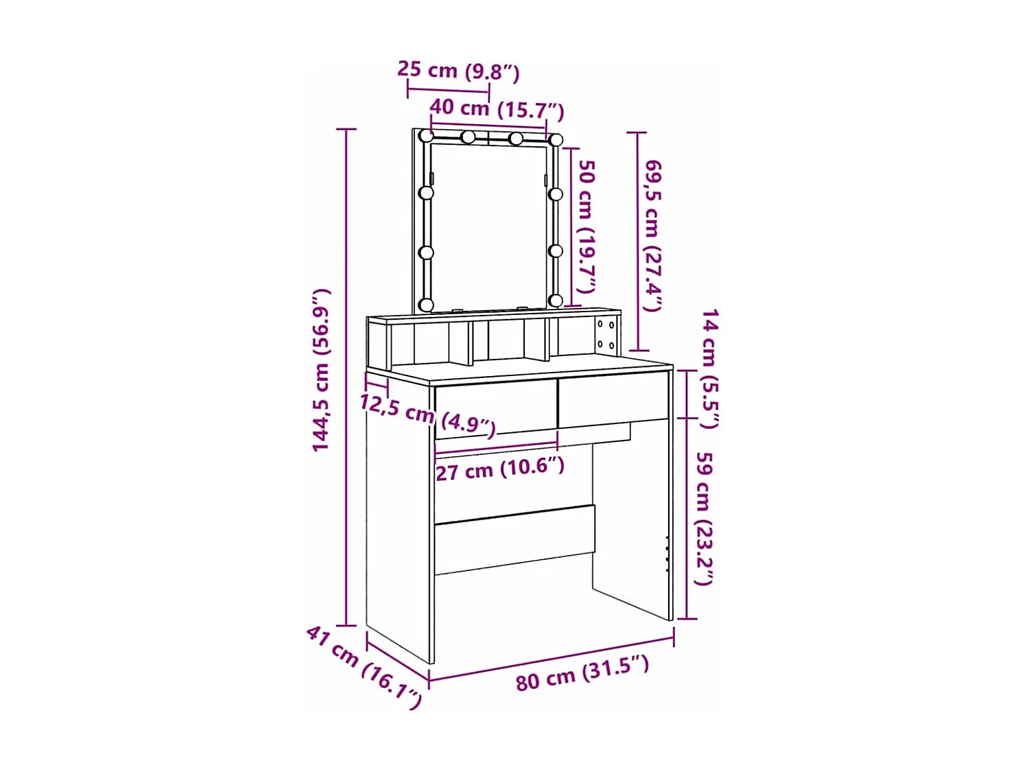 Toaletka z LEDami w kolorze szarym betonu 80x41x144,5 cm dla optymalnej organizacji Twojego makijażu