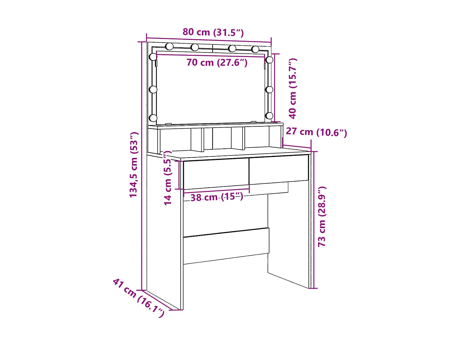 Tocador con luces LED marrón roble 80x41x134,5 cm