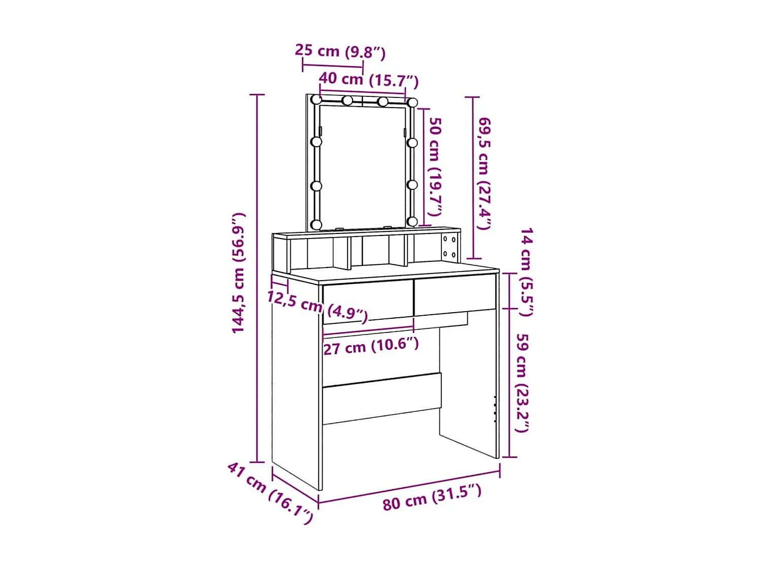 Toaletka LED dęb Sonoma z przechowywaniem 80x41x144,5 cm