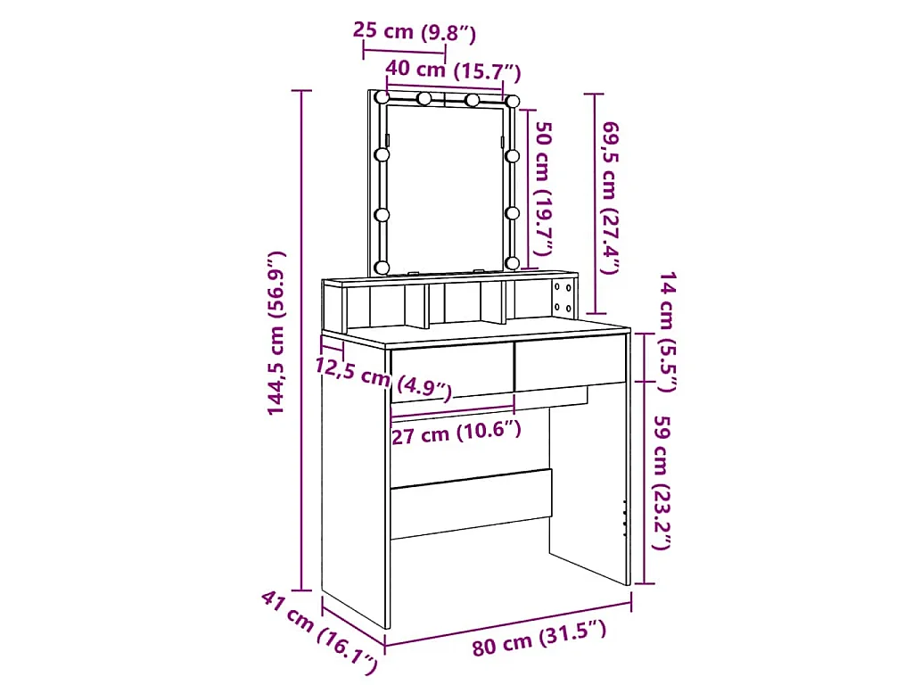 Toaletka LED dęb Sonoma z przechowywaniem 80x41x144,5 cm