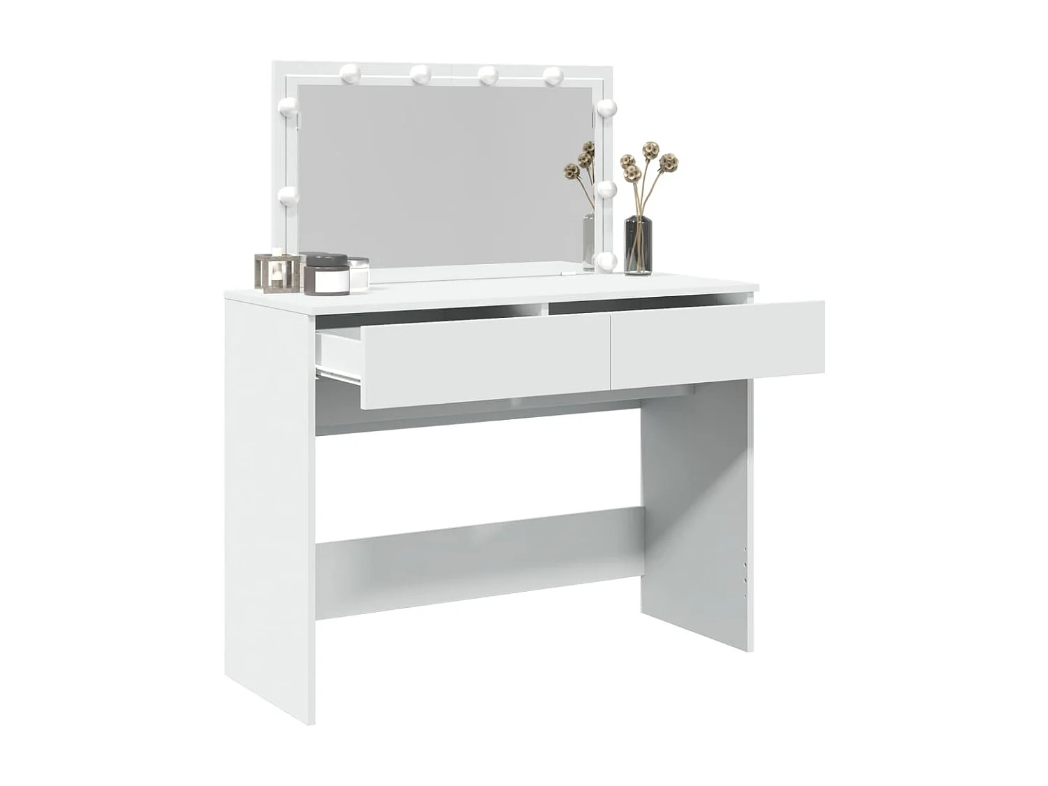 Biała toaletka 100x40x120 cm z regulowanym oświetleniem LED, lustrem, 2 szufladami i schowkiem, trwałe drewno inżynieryjne