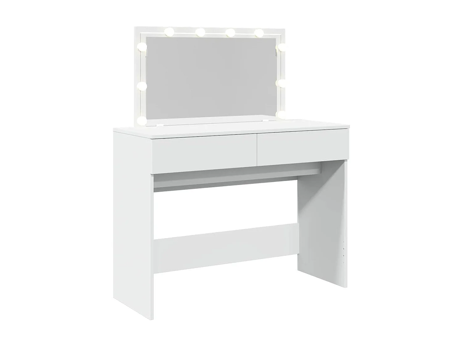 Biała toaletka 100x40x120 cm z regulowanym oświetleniem LED, lustrem, 2 szufladami i schowkiem, trwałe drewno inżynieryjne