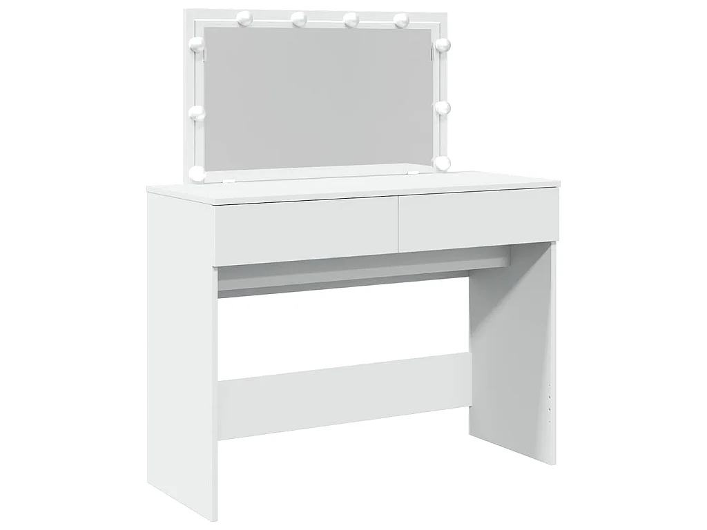 Biała toaletka 100x40x120 cm z regulowanym oświetleniem LED, lustrem, 2 szufladami i schowkiem, trwałe drewno inżynieryjne
