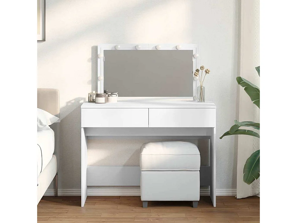 Biała toaletka 100x40x120 cm z regulowanym oświetleniem LED, lustrem, 2 szufladami i schowkiem, trwałe drewno inżynieryjne