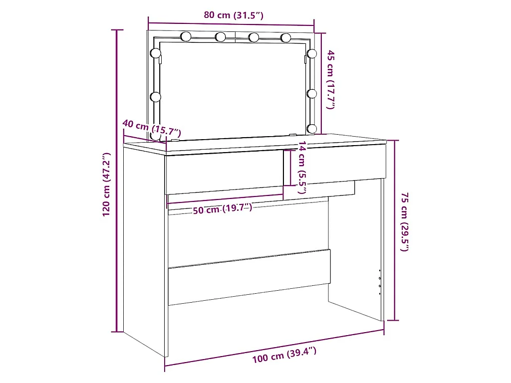 Biała toaletka 100x40x120 cm z regulowanym oświetleniem LED, lustrem, 2 szufladami i schowkiem, trwałe drewno inżynieryjne