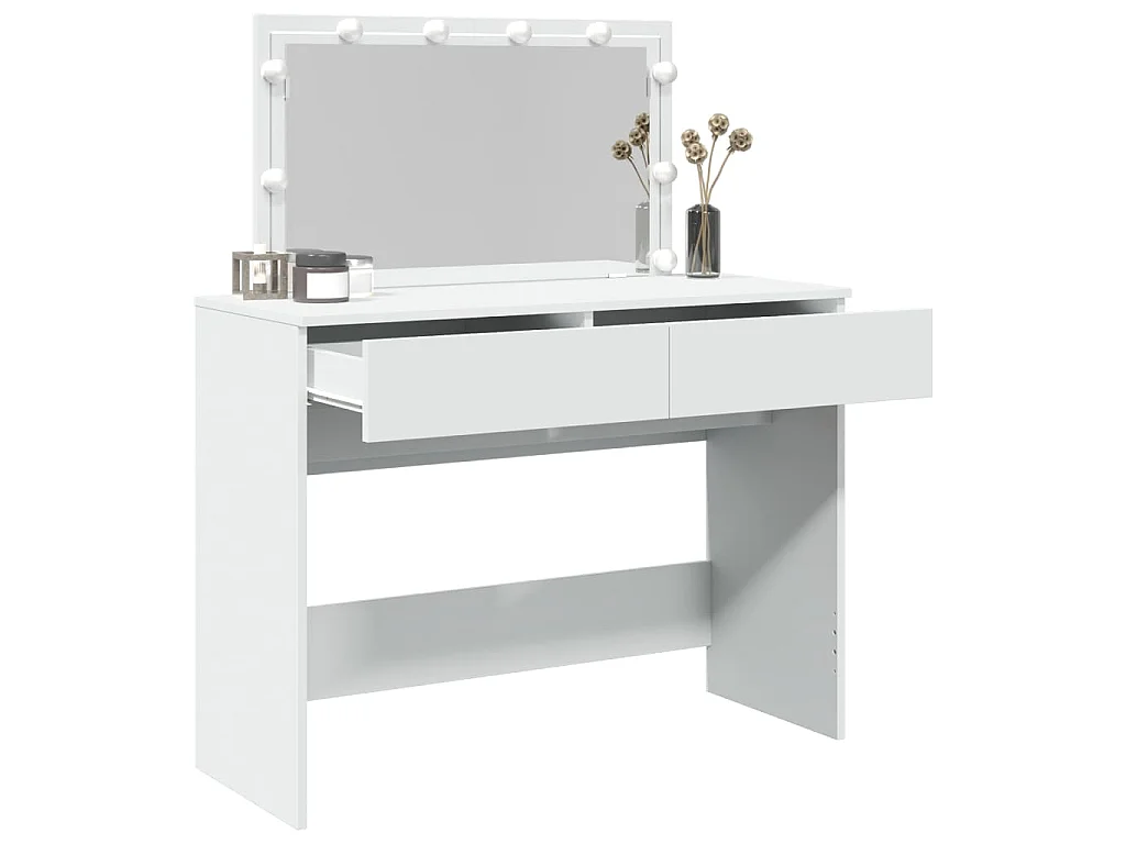 Biała toaletka 100x40x120 cm z regulowanym oświetleniem LED, lustrem, 2 szufladami i schowkiem, trwałe drewno inżynieryjne