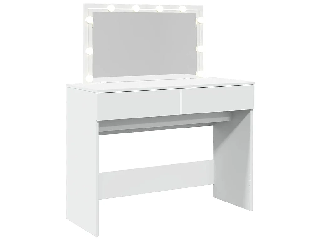 Biała toaletka 100x40x120 cm z regulowanym oświetleniem LED, lustrem, 2 szufladami i schowkiem, trwałe drewno inżynieryjne