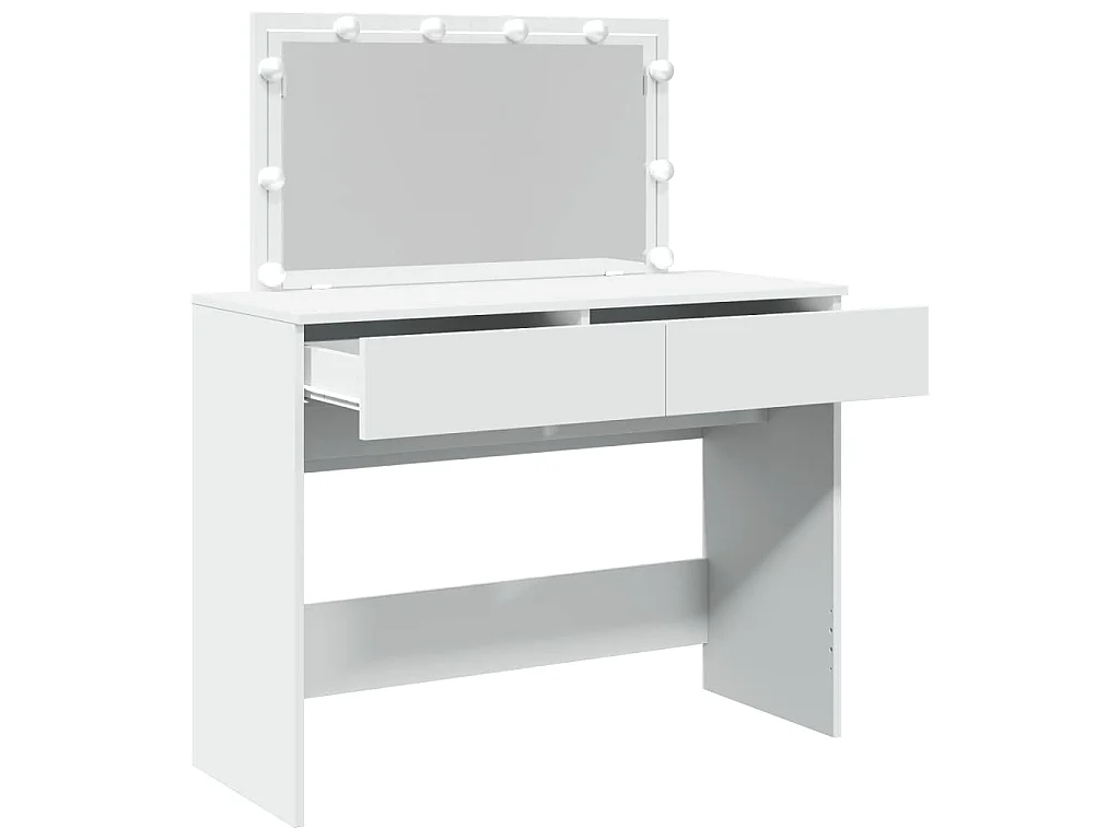 Biała toaletka 100x40x120 cm z regulowanym oświetleniem LED, lustrem, 2 szufladami i schowkiem, trwałe drewno inżynieryjne