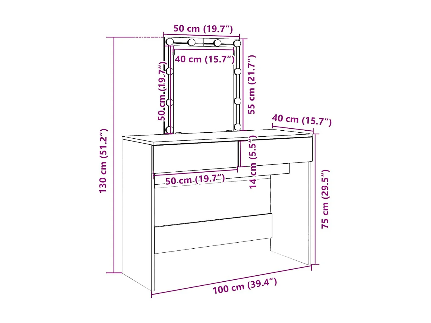 Tocador con LED marrón roble 100x40x130 cm
