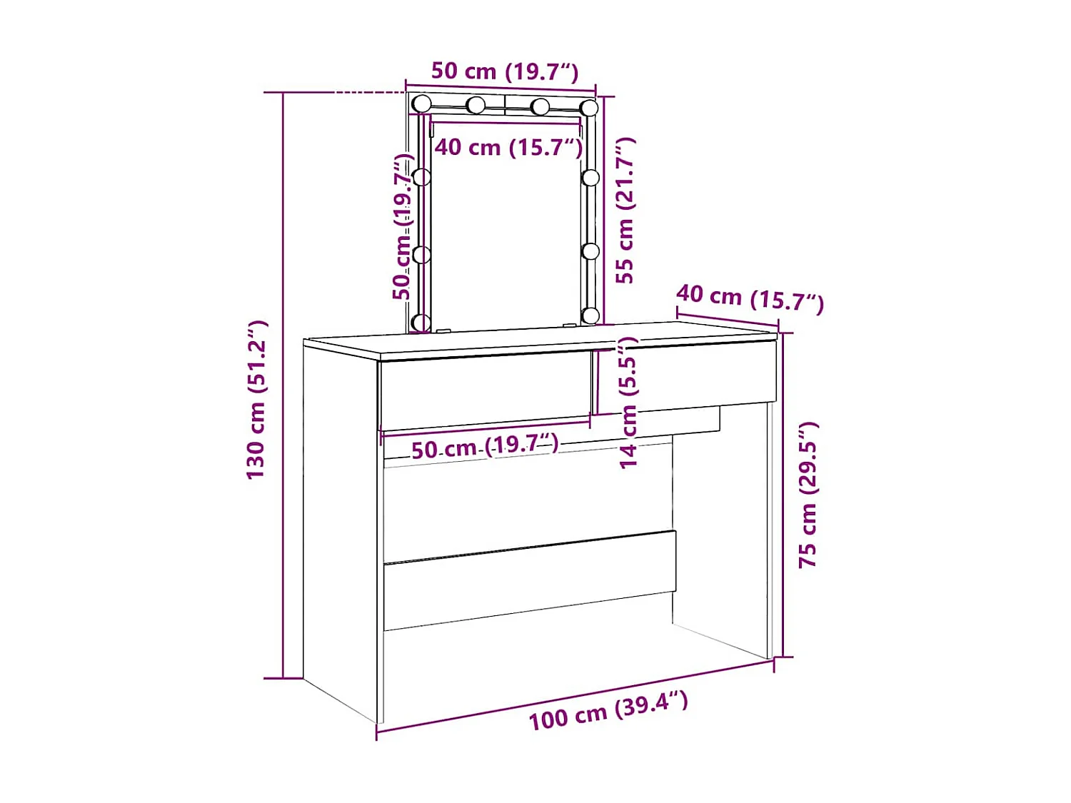 Schminktisch mit LED-Beleuchtung Grau Sonoma 100x40x130 cm