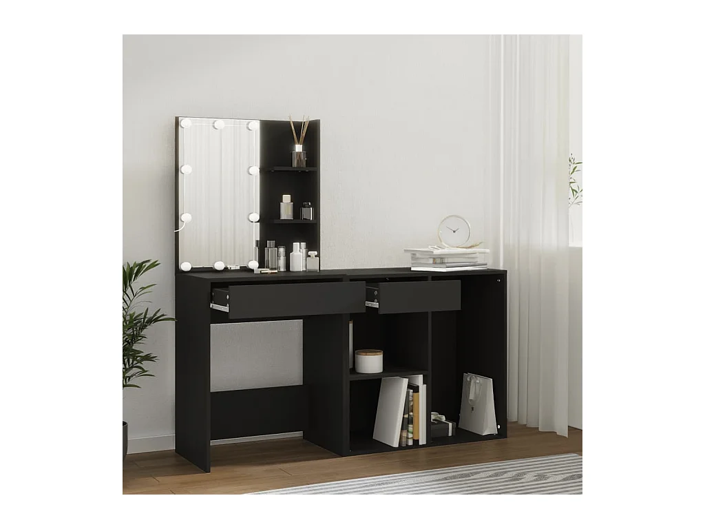 Coiffeuse à LED avec armoire noir bois d'ingénierie