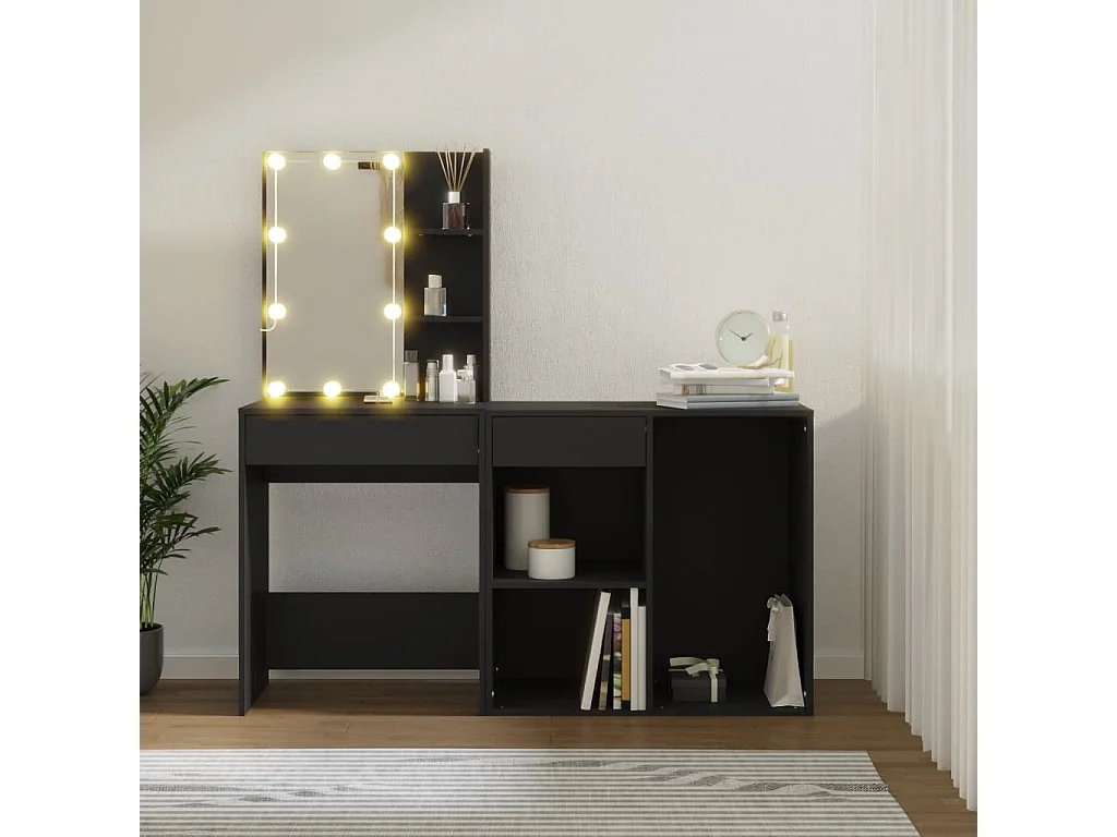LED-Schminktisch mit Schrank Schwarz Holzwerkstoff