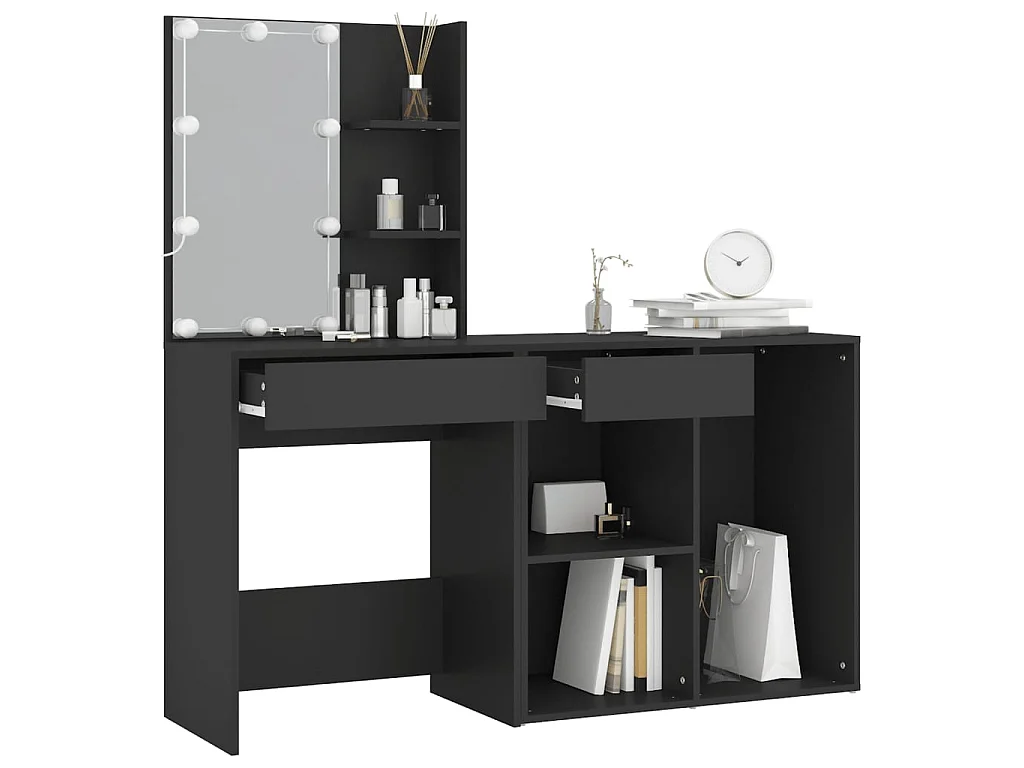 Coiffeuse à LED avec armoire noir bois d'ingénierie