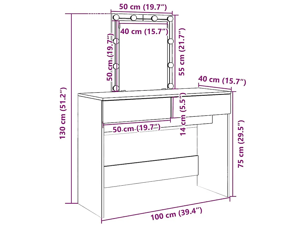 Schminktisch mit LED-Beleuchtung Sonoma-Eiche 100x40x130 cm