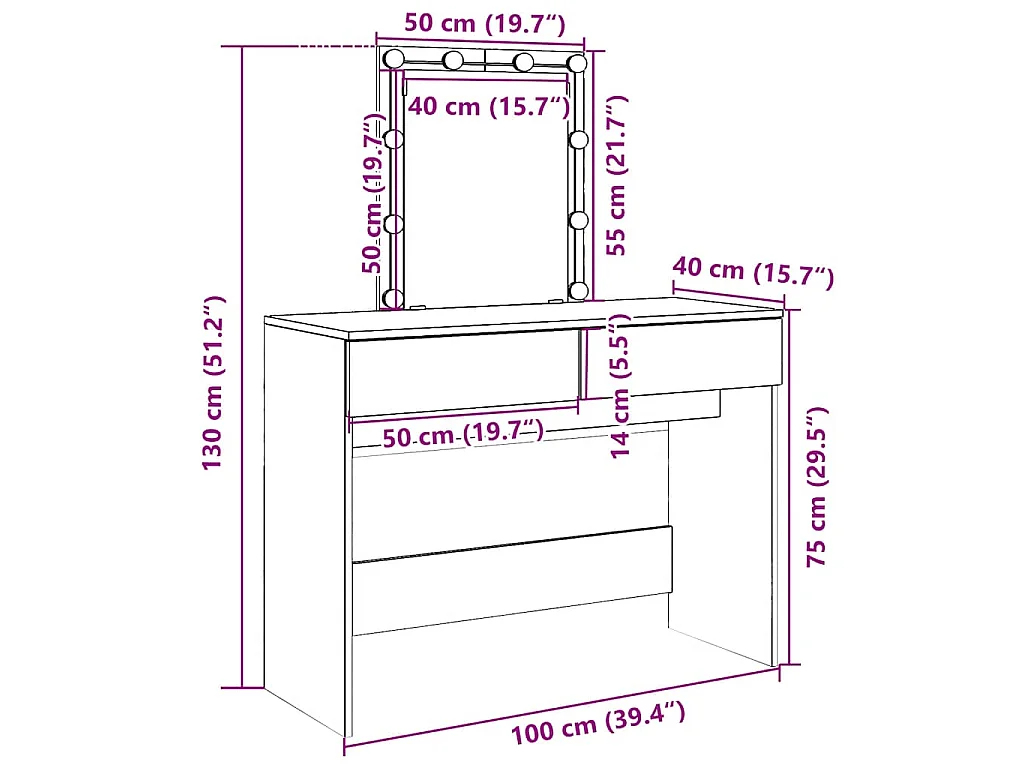 Kaptafel met LED 100x40x130 cm wit