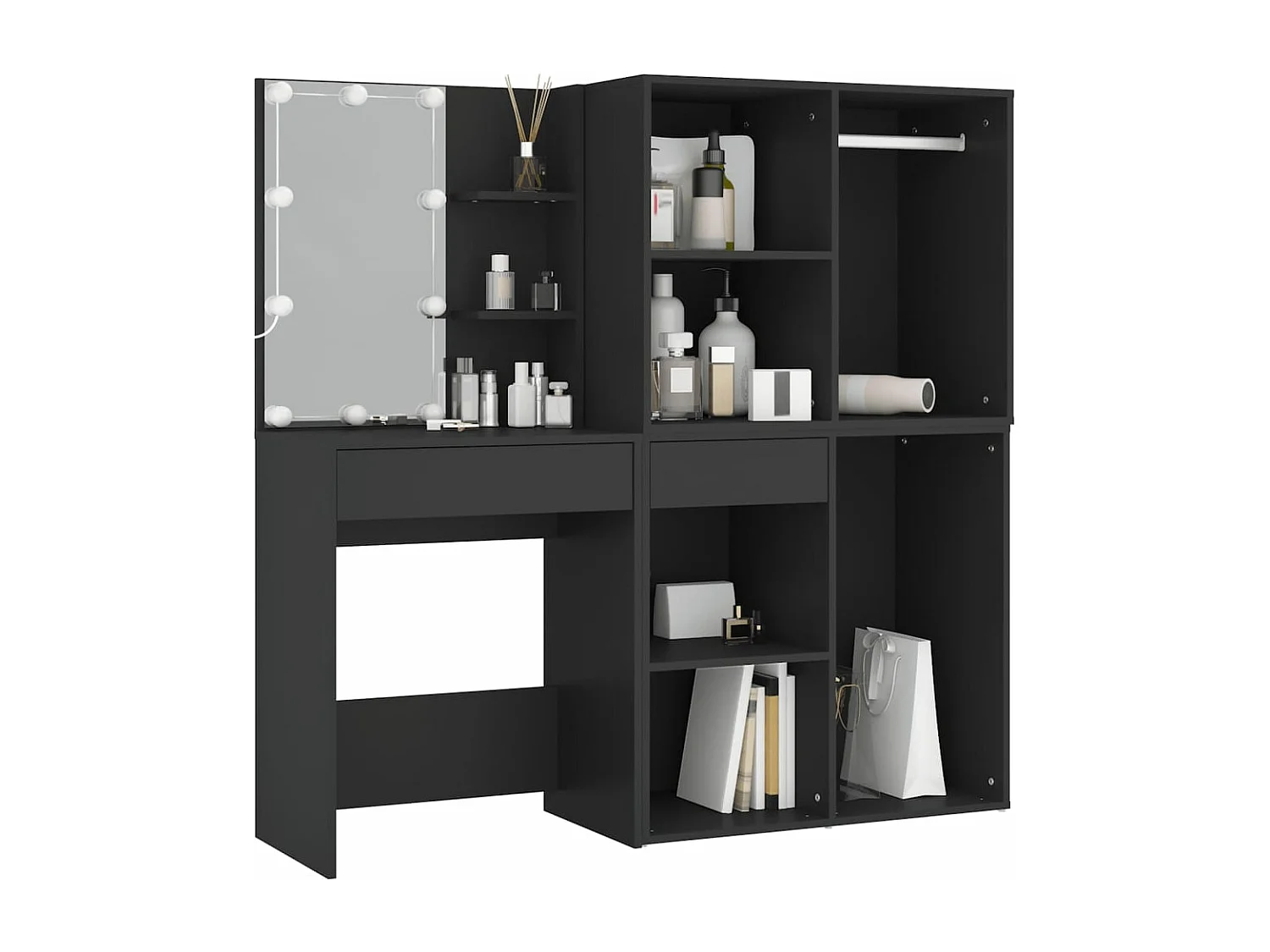 Toaletka z oświetleniem LED i szafkami do przechowywania w czarnym drewnie inżynieryjnym dla idealnej rutyny piękna