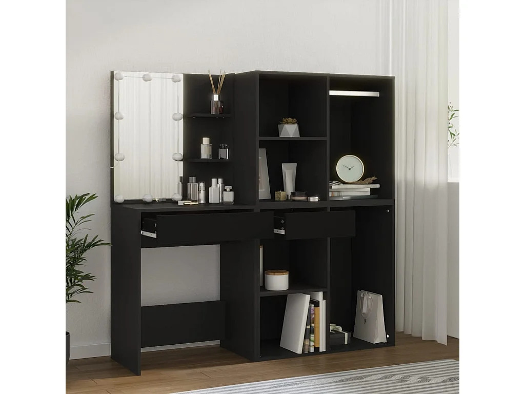 Kaptafel met kastjes LED bewerkt hout zwart