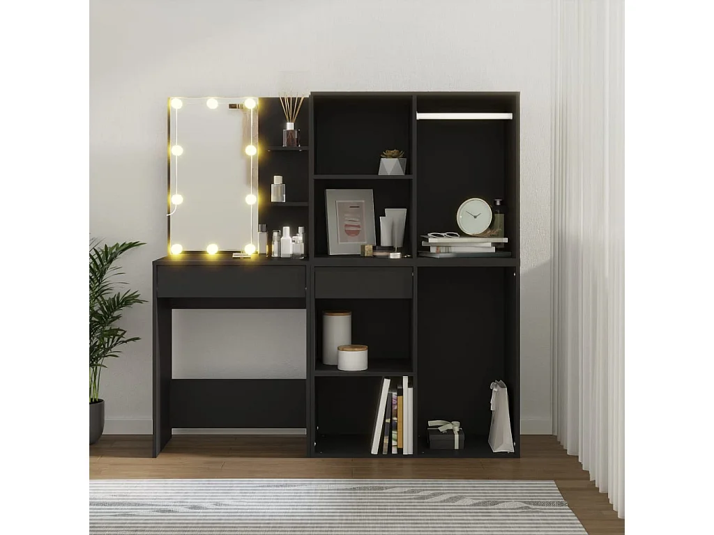 Kaptafel met kastjes LED bewerkt hout zwart
