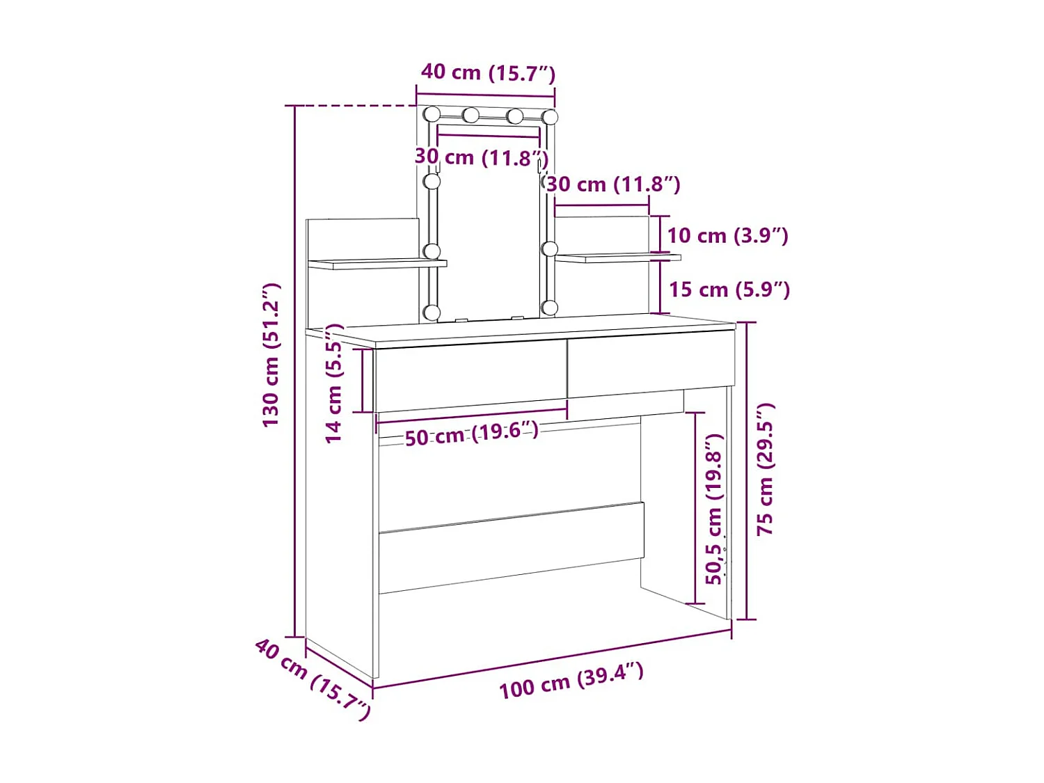 Kaptafel met LED-verlichting 100x40x130 cm sonoma eikenkleurig