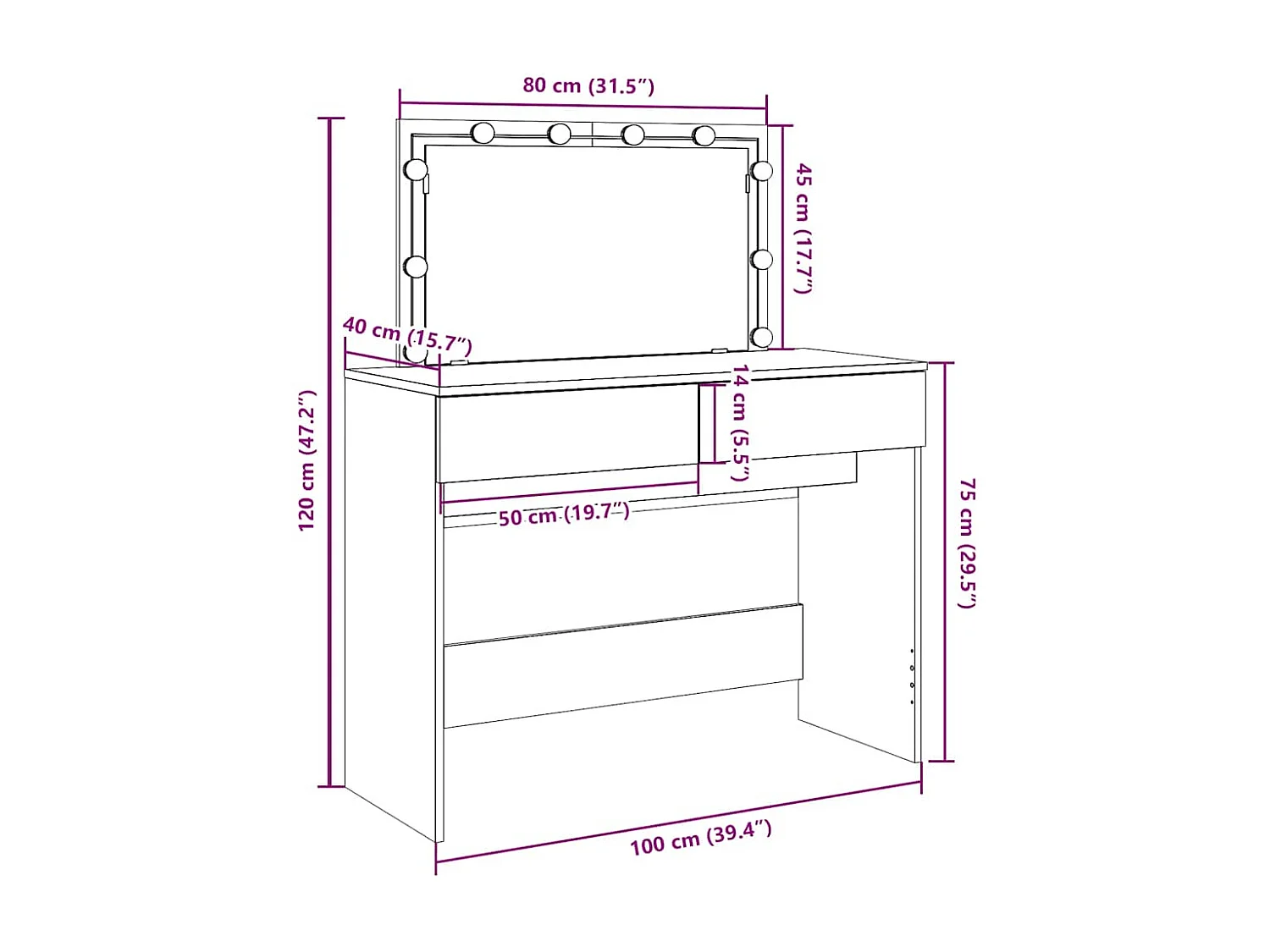 Schminktisch mit LED-Beleuchtung Schwarz 100x40x120 cm