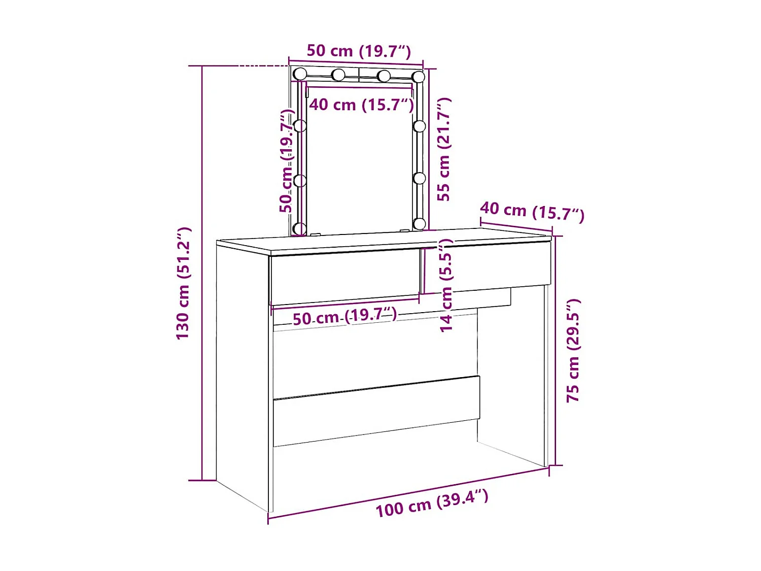 Coiffeuse avec LED noir 100x40x130 cm